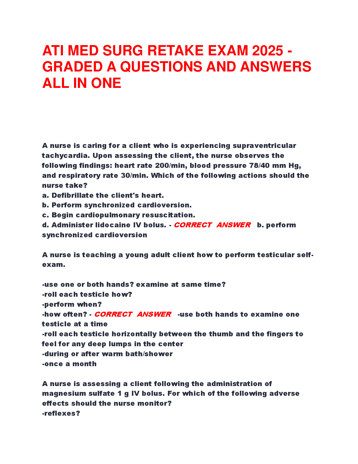 Preview of ATI MED SURG RETAKE EXAM 2025 - GRADED A QUESTIONS AND ANSWERS ALL IN ONE