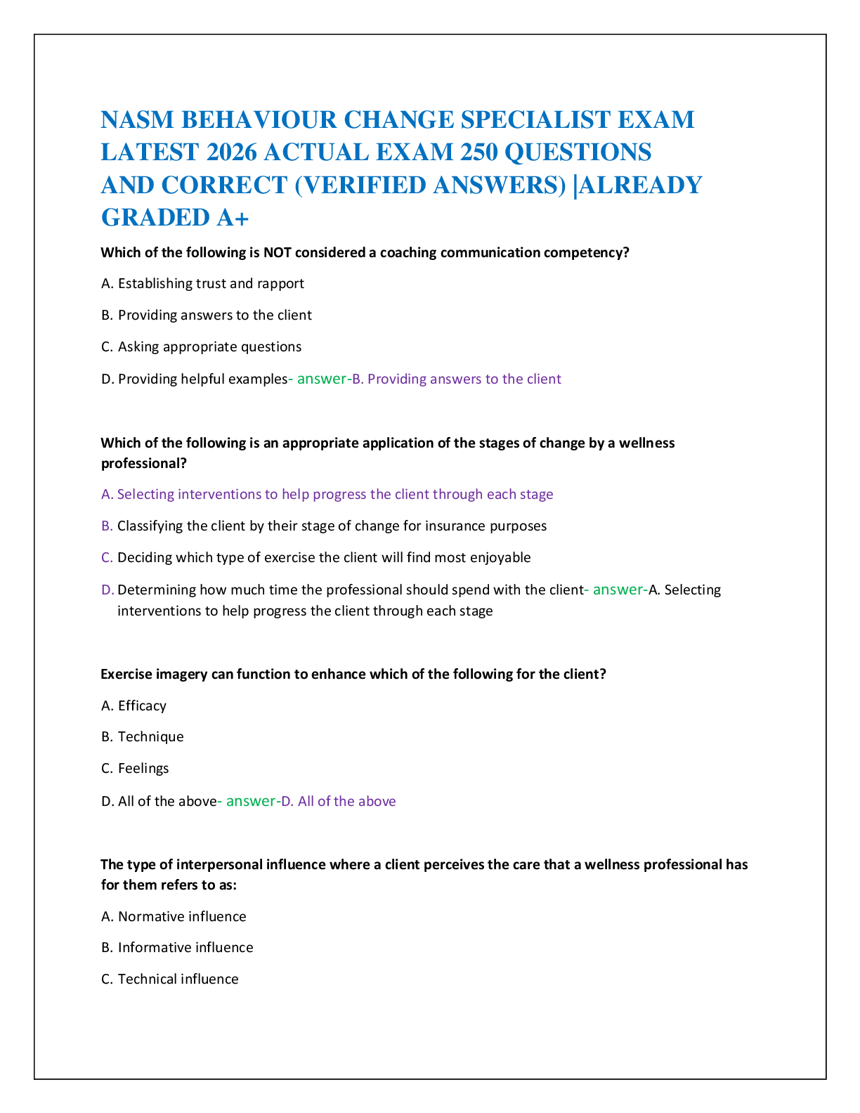 Recommended document preview for NASM BEHAVIOUR CHANGE SPECIALIST EXAM   LATEST 2026 ACTUAL EXAM 250 QUESTIONS   AND CORRECT (VERIFIED ANSWERS) |ALREADY  GRADED A+