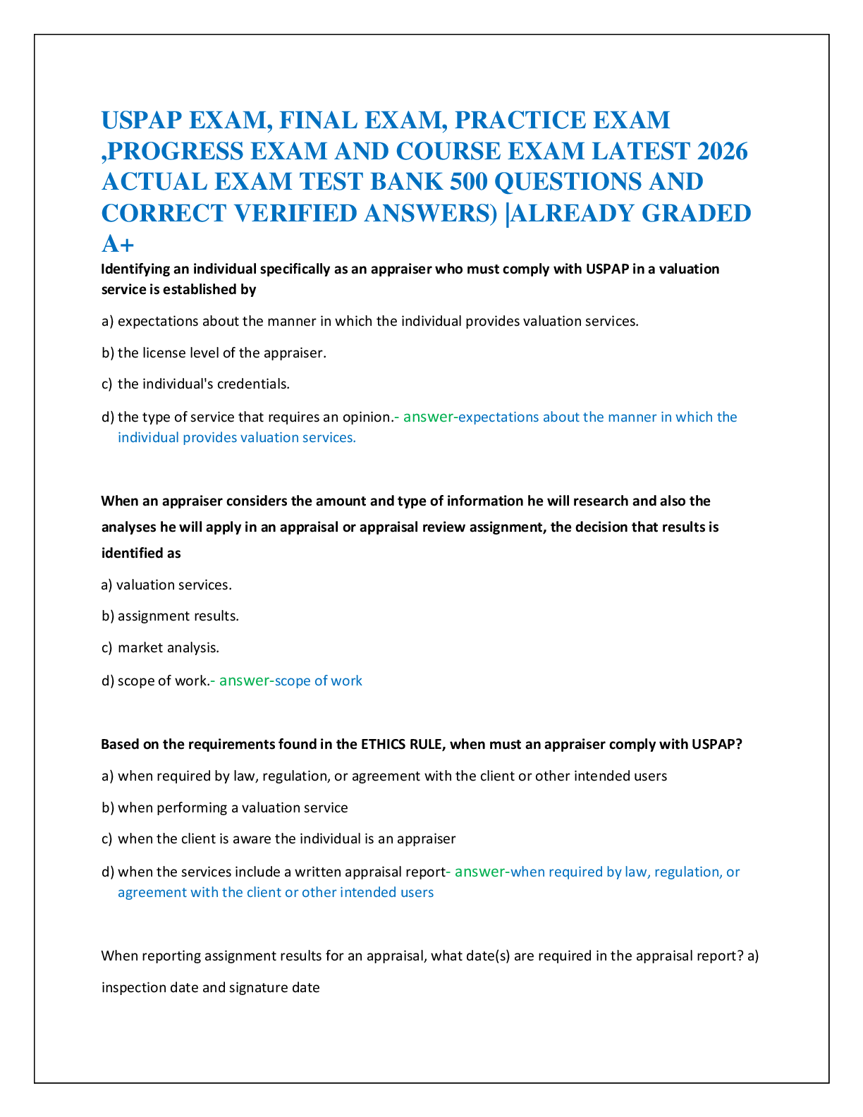 USPAP EXAM, FINAL EXAM, PRACTICE EXAM   ,PROGRESS EXAM AND COURSE EXAM LATEST 2026  ACTUAL EXAM TEST BANK 500 QUESTIONS AND   CORRECT VERIFIED ANSWERS) |ALREADY GRADED  A+