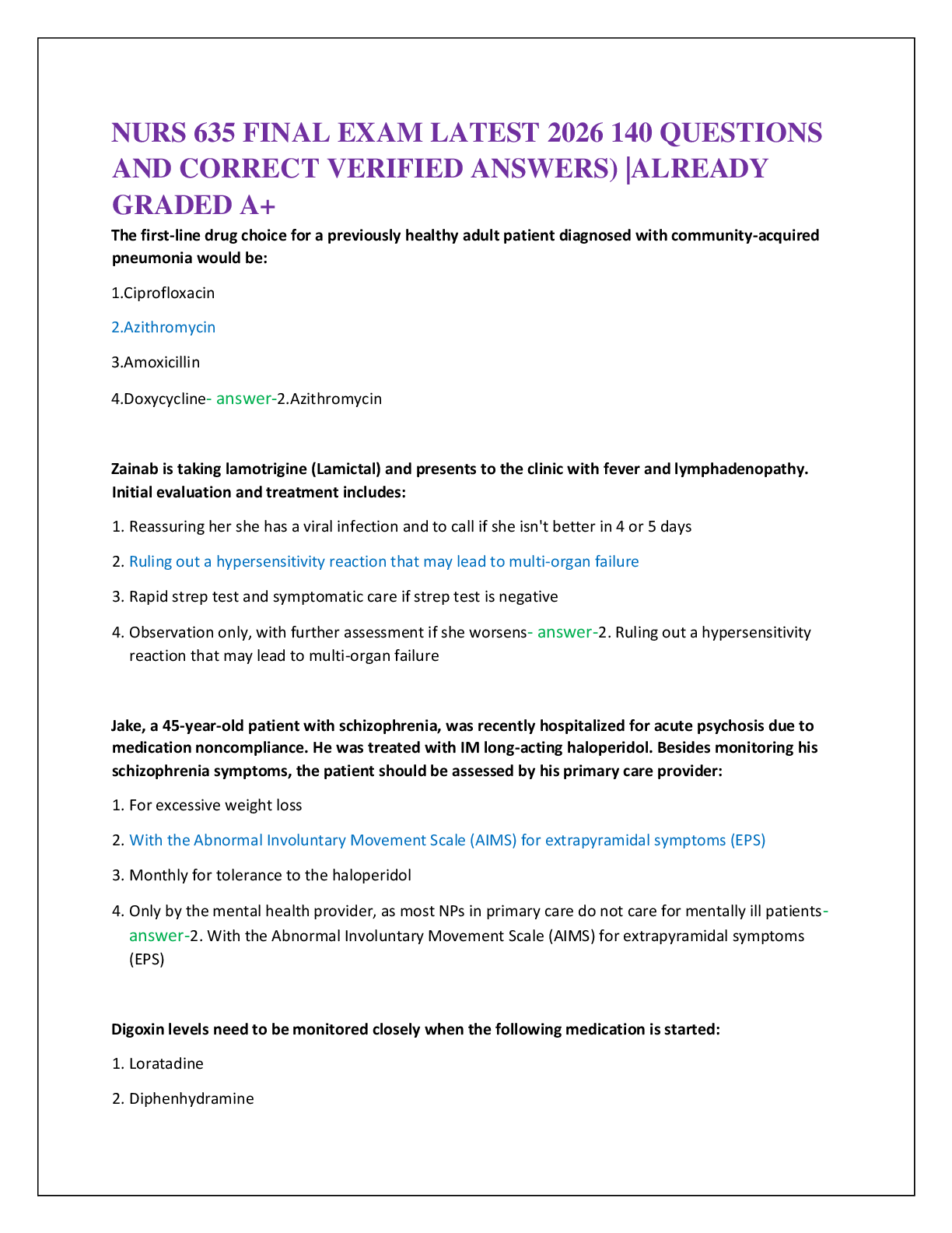 Preview of NURS 635 FINAL EXAM LATEST 2026 140 QUESTIONS  AND CORRECT VERIFIED ANSWERS) |ALREADY  GRA