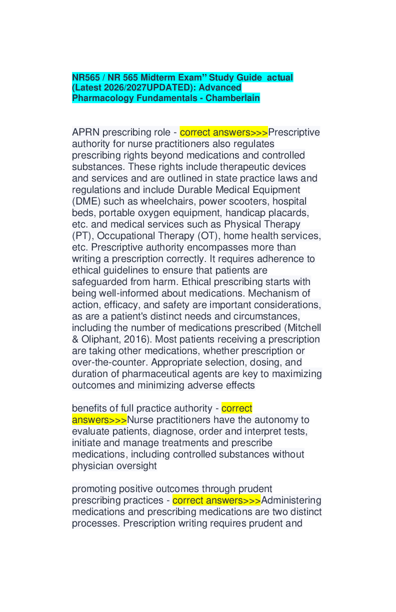 Preview of NR565 / NR 565 Midterm Exam” Study Guide  actual (Latest 2026/2027UPDATED): Advanced Pharmacology Fundamentals - Chamberlain