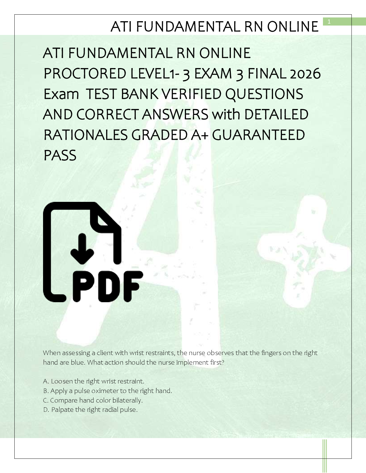 Preview of ATI FUNDAMENTAL RN ONLINE  PROCTORED LEVEL1- 3 EXAM 3 FINAL 2026  Exam  TEST BANK VERIFIED QUESTIONS  AND CORRECT ANSWERS with DETAILED  RATIONALES GRADED A+ GUARANTEED  PASS