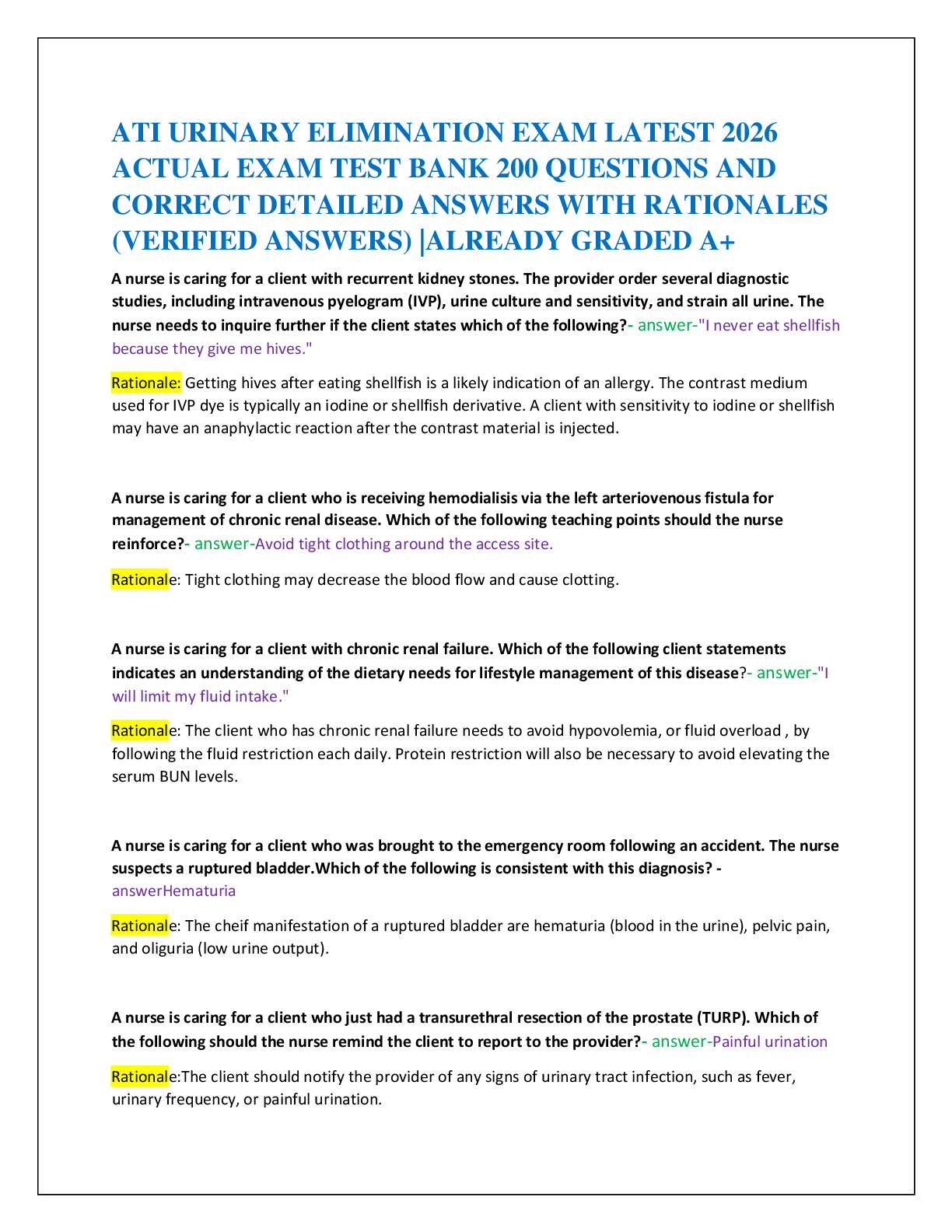 Preview of ATI URINARY ELIMINATION EXAM LATEST 2026  ACTUAL EXAM TEST BANK 200 QUESTIONS AND   CORREC