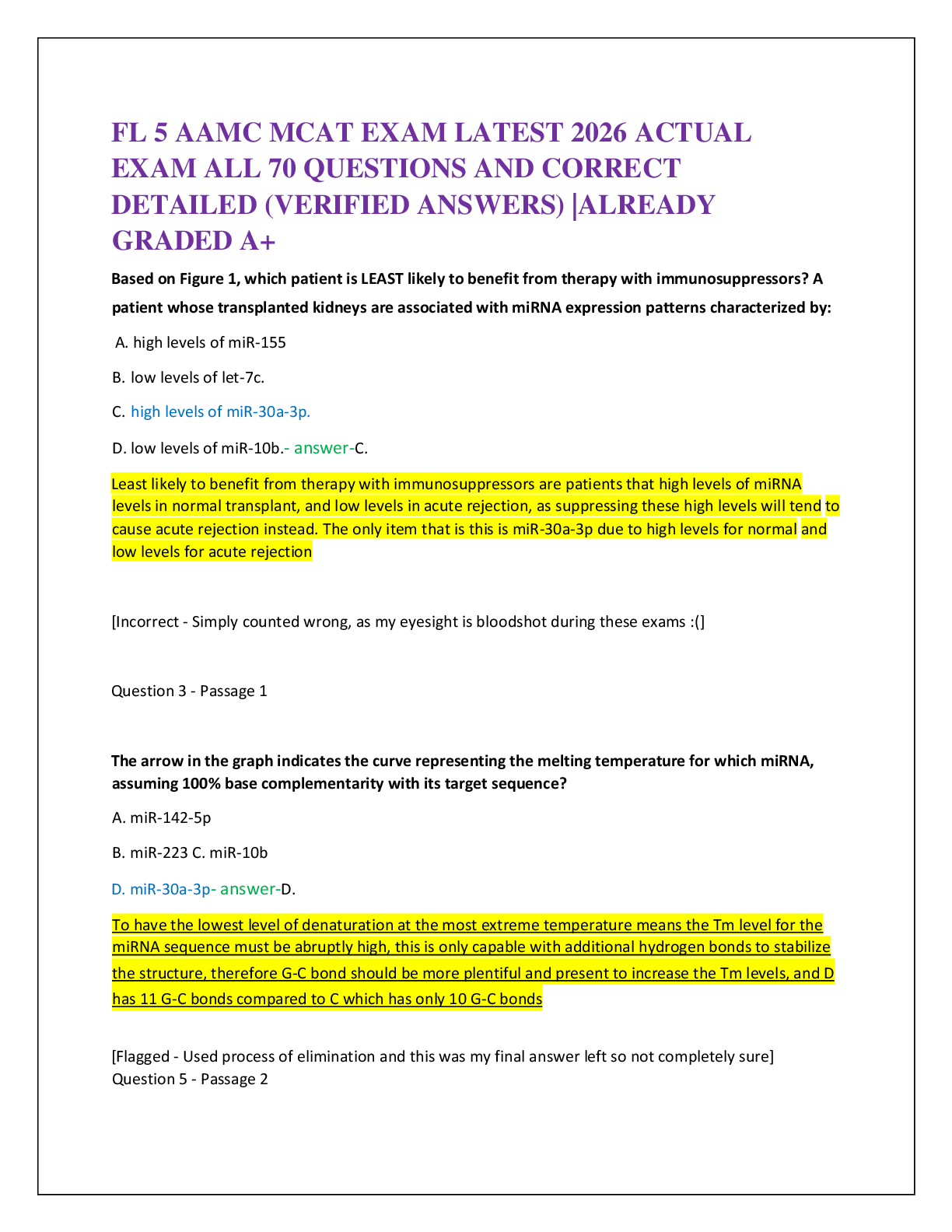 FL 5 AAMC MCAT EXAM LATEST 2026 ACTUAL   EXAM ALL 70 QUESTIONS AND CORRECT   DETAILED (VERIFIED ANSWERS) |ALREADY  GRADED A+