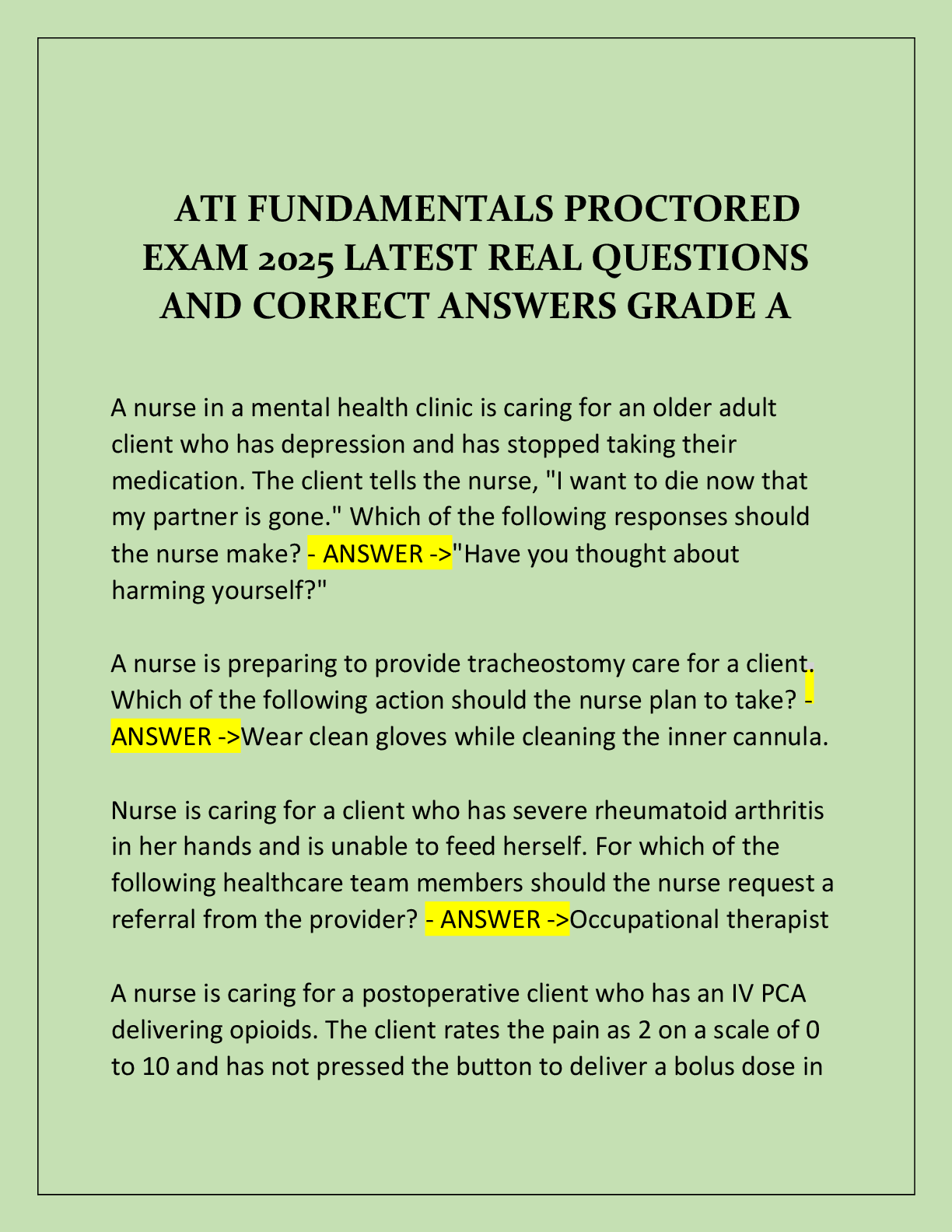 ATI FUNDAMENTALS PROCTORED  EXAM 2025 LATEST REAL QUESTIONS  AND CORRECT ANSWERS GRADE A