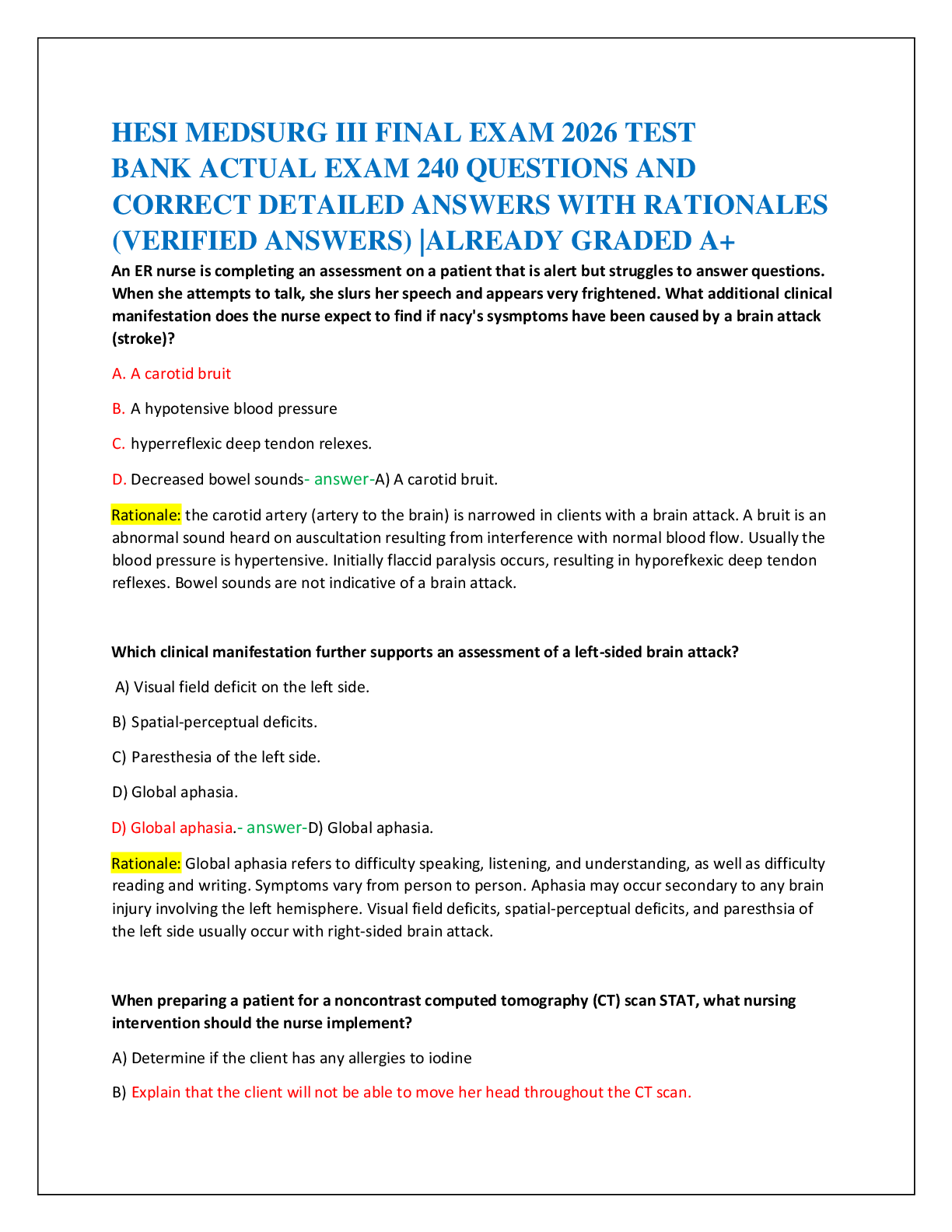 Recommended document preview for HESI MEDSURG III FINAL EXAM 2026 TEST   BANK ACTUAL EXAM 240 QUESTIONS AND  CORRECT DETAILED ANSWERS WITH RATIONALES  (VERIFIED ANSWERS) |ALREADY GRADED A+