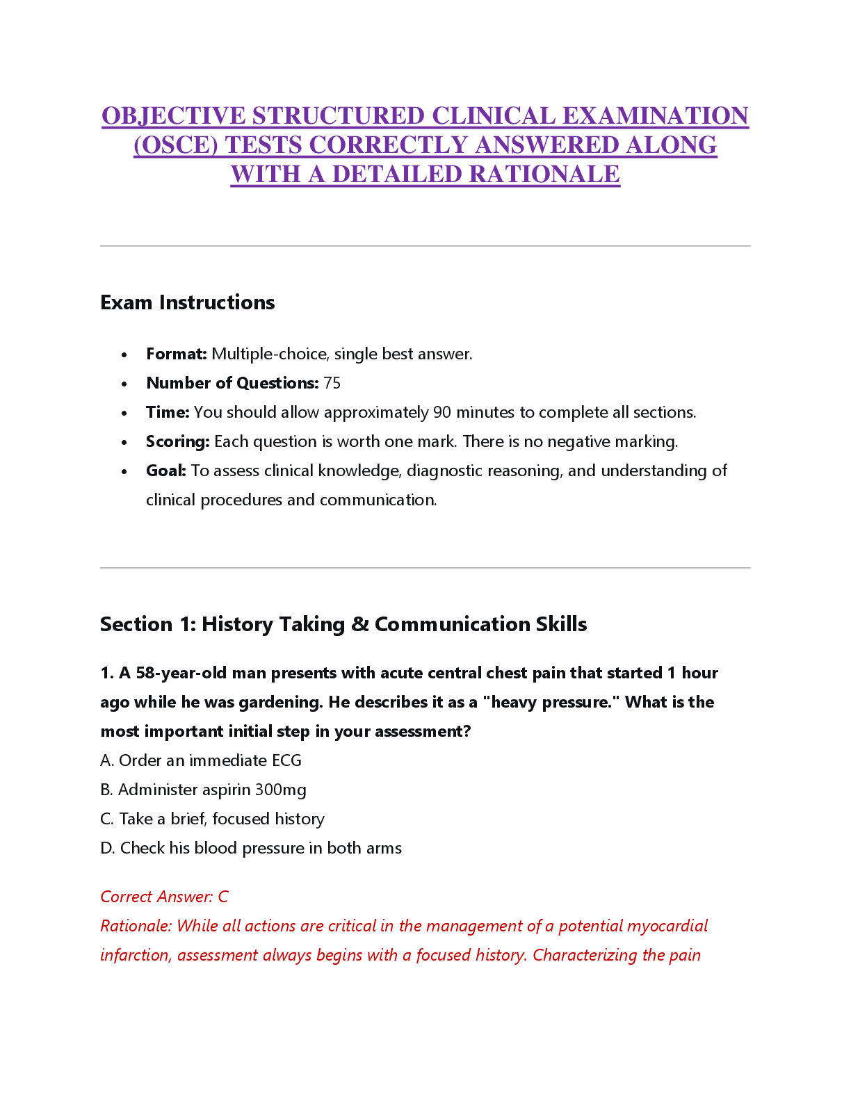 Preview image for OBJECTIVE STRUCTURED CLINICAL EXAMINATION  (OSCE) TESTS CORRECTLY ANSWERED ALONG  WITH A DETAILED RATIONALE