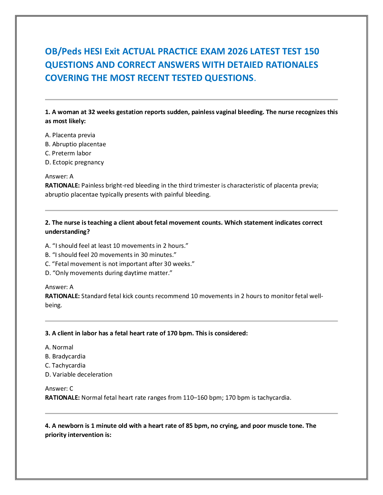 Preview of OB/Peds HESI Exit ACTUAL PRACTICE EXAM 2026 LATEST TEST 150  QUESTIONS AND CORRECT ANSWERS WITH DETAIED RATIONALES  COVERING THE MOST RECENT TESTED QUESTIONS.