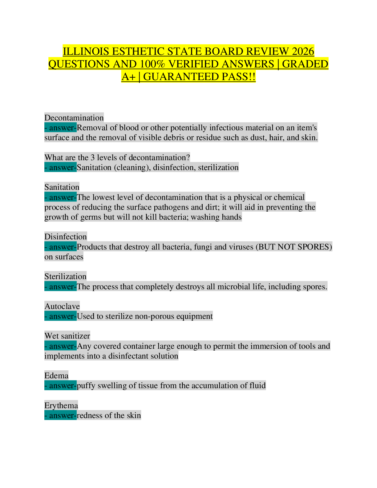 Recommended document preview for ILLINOIS ESTHETIC STATE BOARD REVIEW 2026-2027: 200+ Comprehensive Questions & 100% Verified Answers - Complete Illinois IDFPR Esthetician License Exam Review | Updated for 2026 Illinois State Board Testing Standards | Guaranteed Pass on First Attempt | Graded A+
