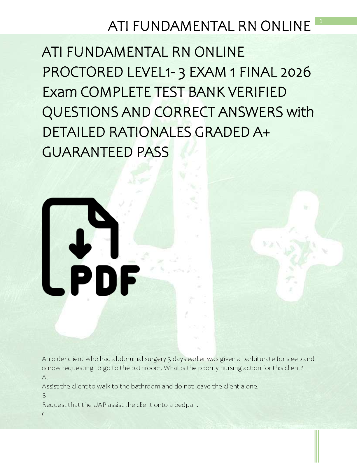 Preview of ATI FUNDAMENTAL RN ONLINE  PROCTORED LEVEL1- 3 EXAM 1 FINAL 2026  Exam COMPLETE TEST BANK