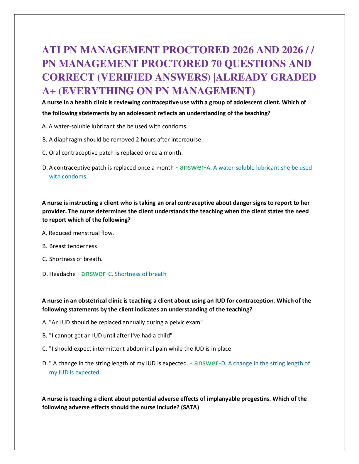ATI PN MANAGEMENT PROCTORED 2026 AND 2026 / /   PN MANAGEMENT PROCTORED 70 QUESTIONS AND   CORRECT (VERIFIED ANSWERS) |ALREADY GRADED  A+ (EVERYTHING ON PN MANAGEMENT)