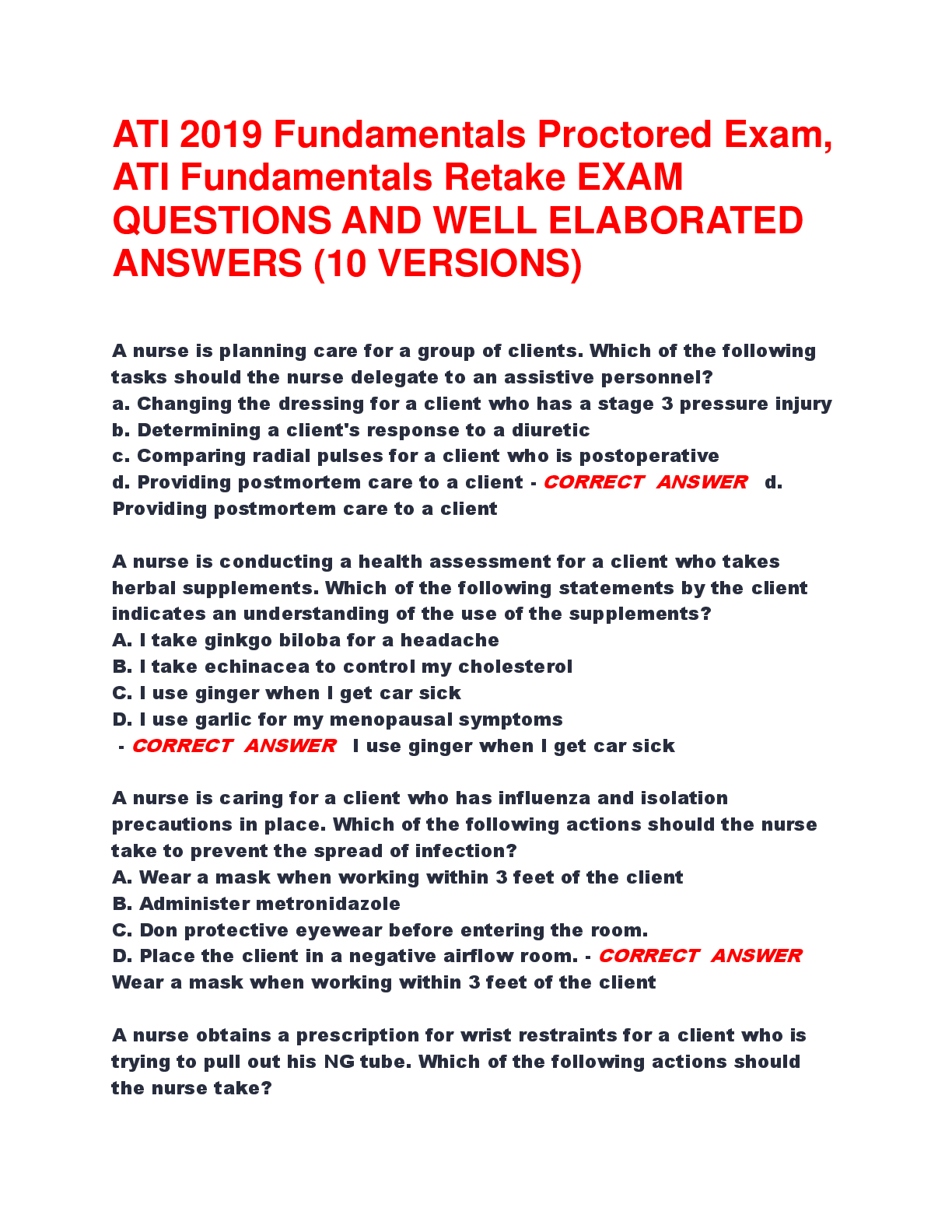Preview of ATI 2019 Fundamentals Proctored Exam, ATI Fundamentals Retake EXAM QUESTIONS AND WELL ELAB