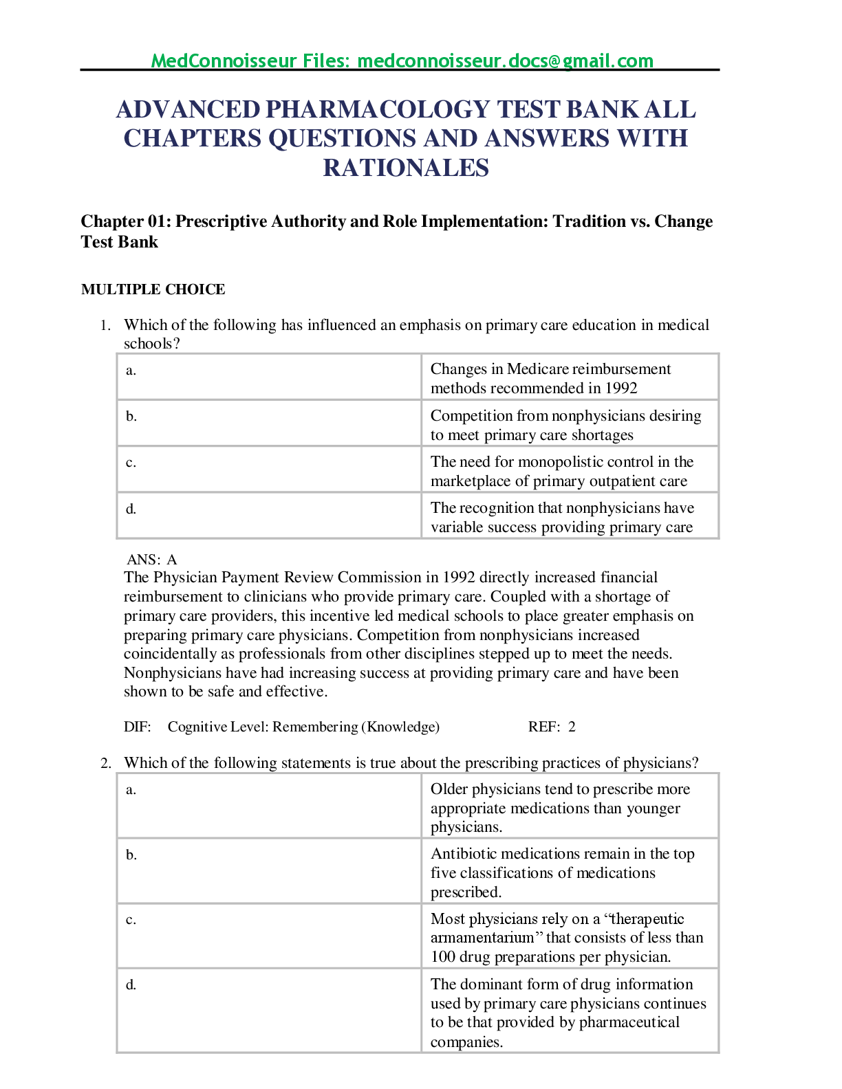 Recommended document preview for Advanced Pharmacology Test Bank: All Chapters Questions and Answers with Rationales