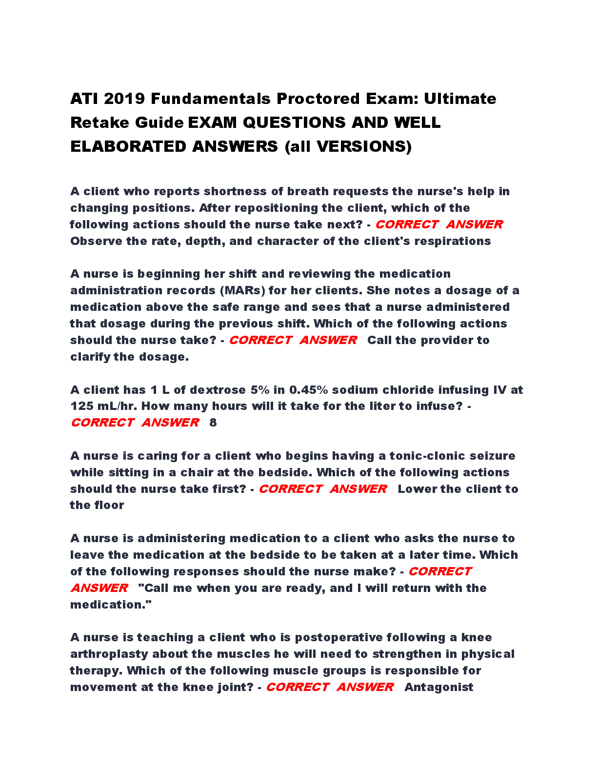 Preview of ATI 2019 Fundamentals Proctored Exam: Ultimate Retake Guide EXAM QUESTIONS AND WELL ELABOR