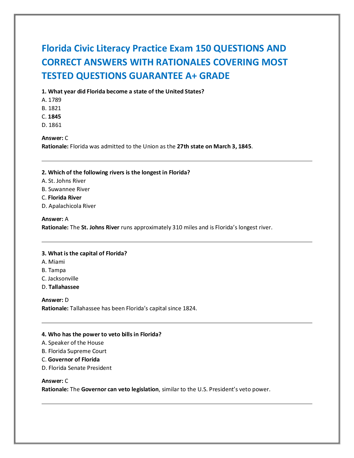 Florida Civic Literacy Practice Exam 150 QUESTIONS AND  CORRECT ANSWERS WITH RATIONALES COVERING MOST  TESTED QUESTIONS GUARANTEE A+ GRADE