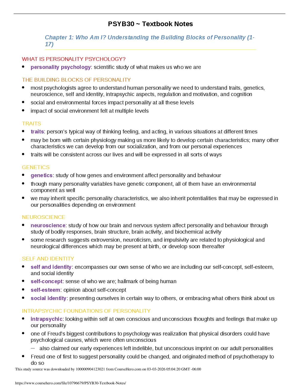 Preview of PSYB30 Personality Textbook Notes | Chapter 1: Who Am I? Understanding the Building Blocks of Personality & Chapter 2: Personality Traits: A Good Theory