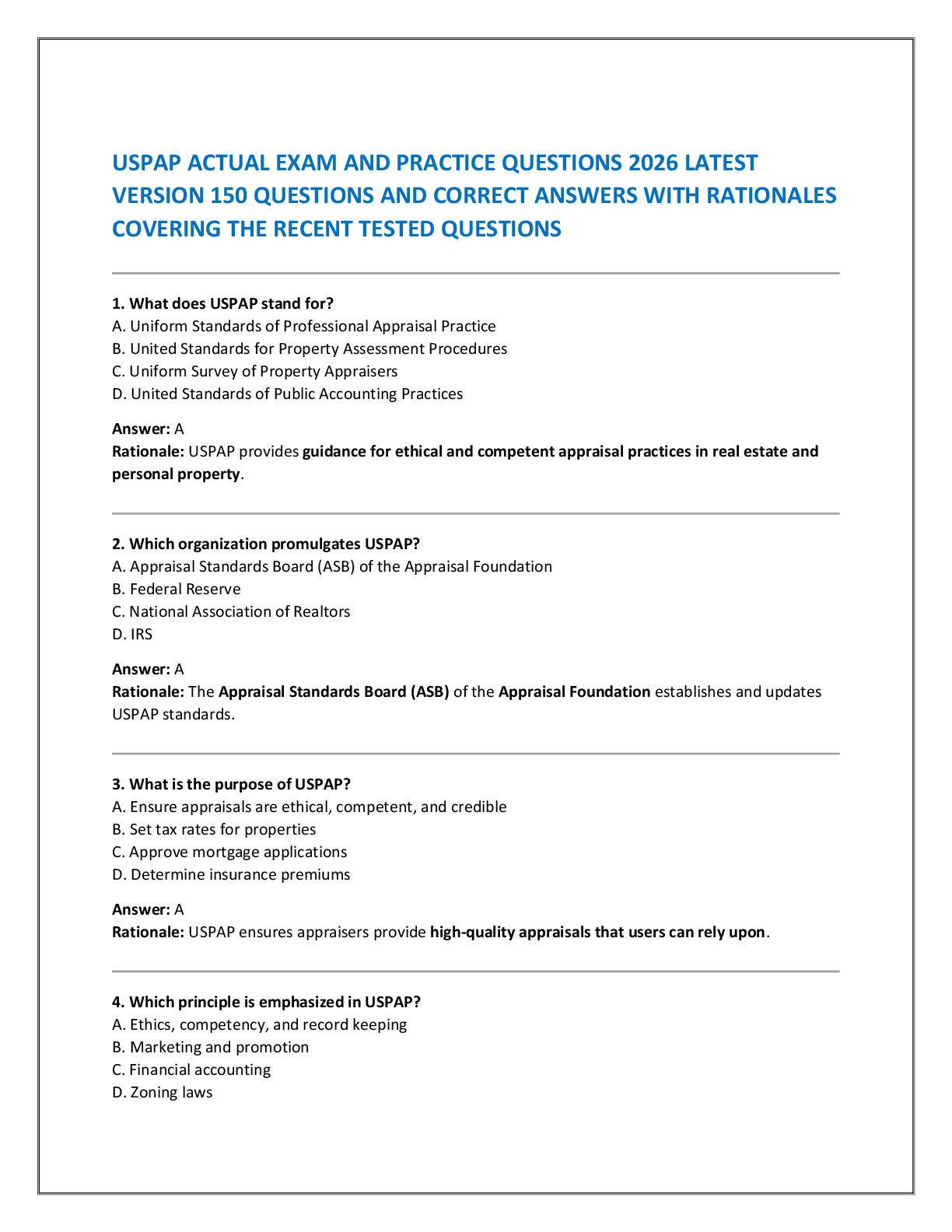 USPAP ACTUAL EXAM AND PRACTICE QUESTIONS 2026 LATEST  VERSION 150 QUESTIONS AND CORRECT ANSWERS WITH RATIONALES  COVERING THE RECENT TESTED QUESTIONS