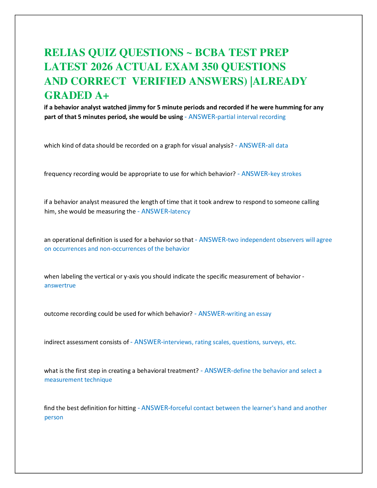 RELIAS QUIZ QUESTIONS ~ BCBA TEST PREP   LATEST 2026 ACTUAL EXAM 350 QUESTIONS   AND CORRECT  VERIFIED ANSWERS) |ALREADY  GRADED A+