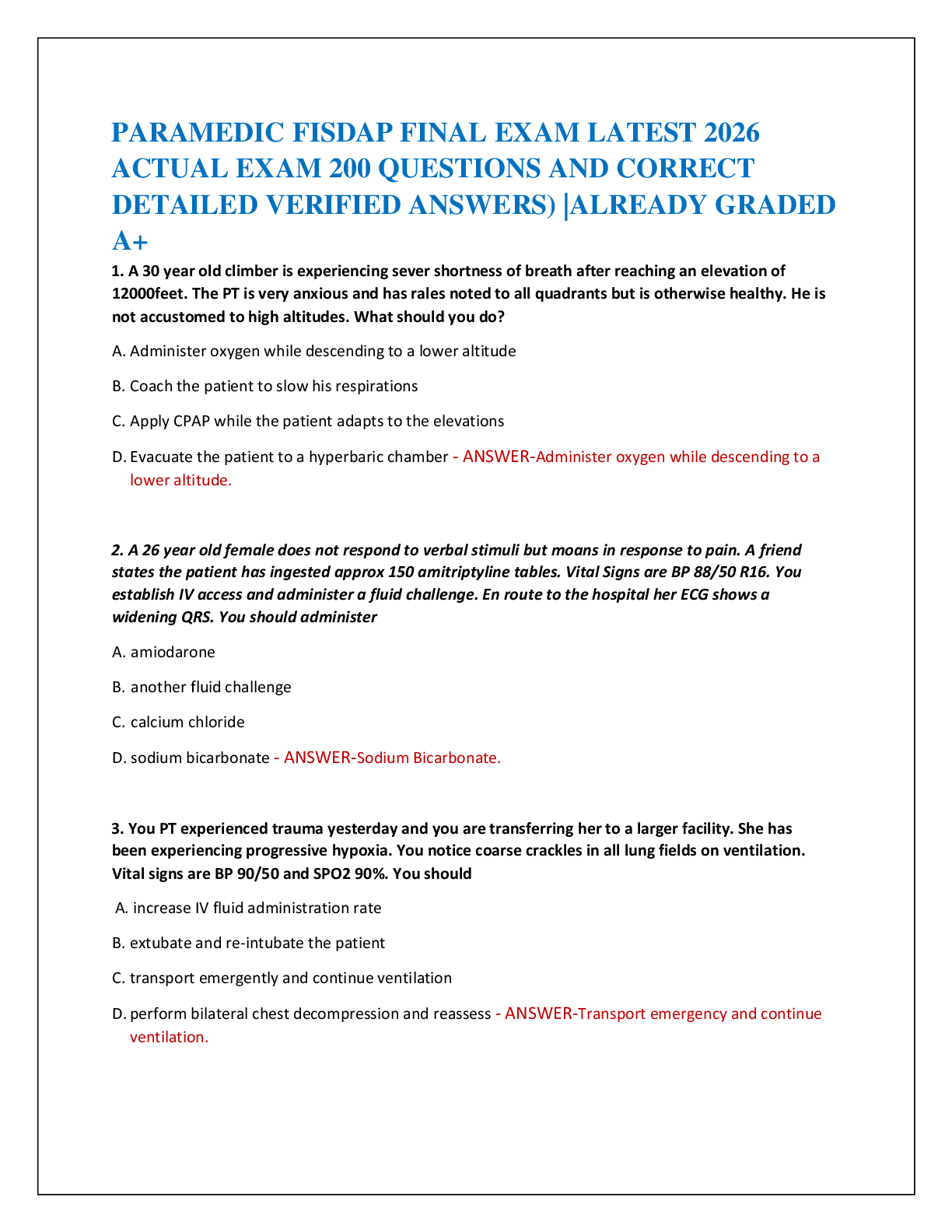 PARAMEDIC FISDAP FINAL EXAM LATEST 2026   ACTUAL EXAM 200 QUESTIONS AND CORRECT  DETAILED VERIFIED ANSWERS) |ALREADY GRADED  A+
