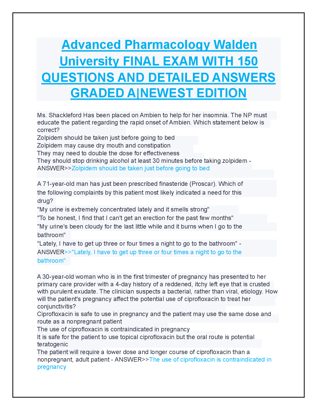 Recommended document preview for Advanced Pharmacology Walden University FINAL EXAM WITH 150 QUESTIONS AND DETAILED ANSWERS GRADED A|NEWEST EDITION