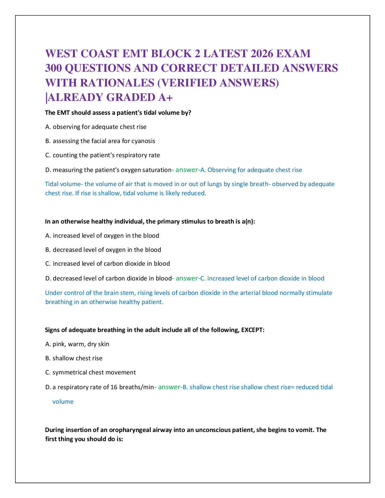 WEST COAST EMT BLOCK 2 LATEST 2026 EXAM   300 QUESTIONS AND CORRECT DETAILED ANSWERS   WITH RATIONALES (VERIFIED ANSWERS)  |ALREADY GRADED A+