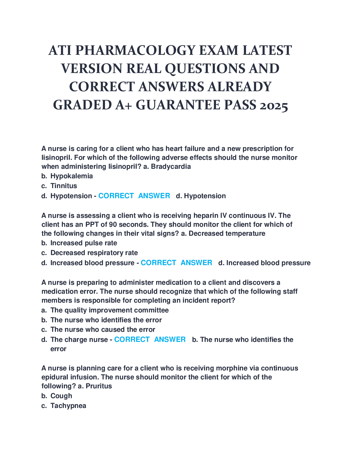 Recommended document preview for ATI PHARMACOLOGY EXAM LATEST  VERSION REAL QUESTIONS AND  CORRECT ANSWERS ALREADY  GRADED A+ GUARANTEE PASS 2025