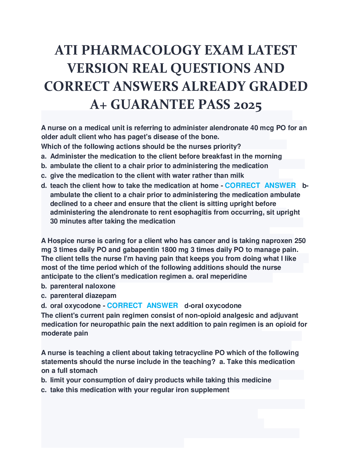ATI PHARMACOLOGY EXAM LATEST  VERSION REAL QUESTIONS AND  CORRECT ANSWERS ALREADY GRADED  A+ GUARANTEE PASS 2025ATI PHARMACOLOGY EXAM LATEST  VERSION REAL QUESTIONS AND  CORRECT ANSWERS ALREADY GRADED  A+ GUARANTEE PASS 2025