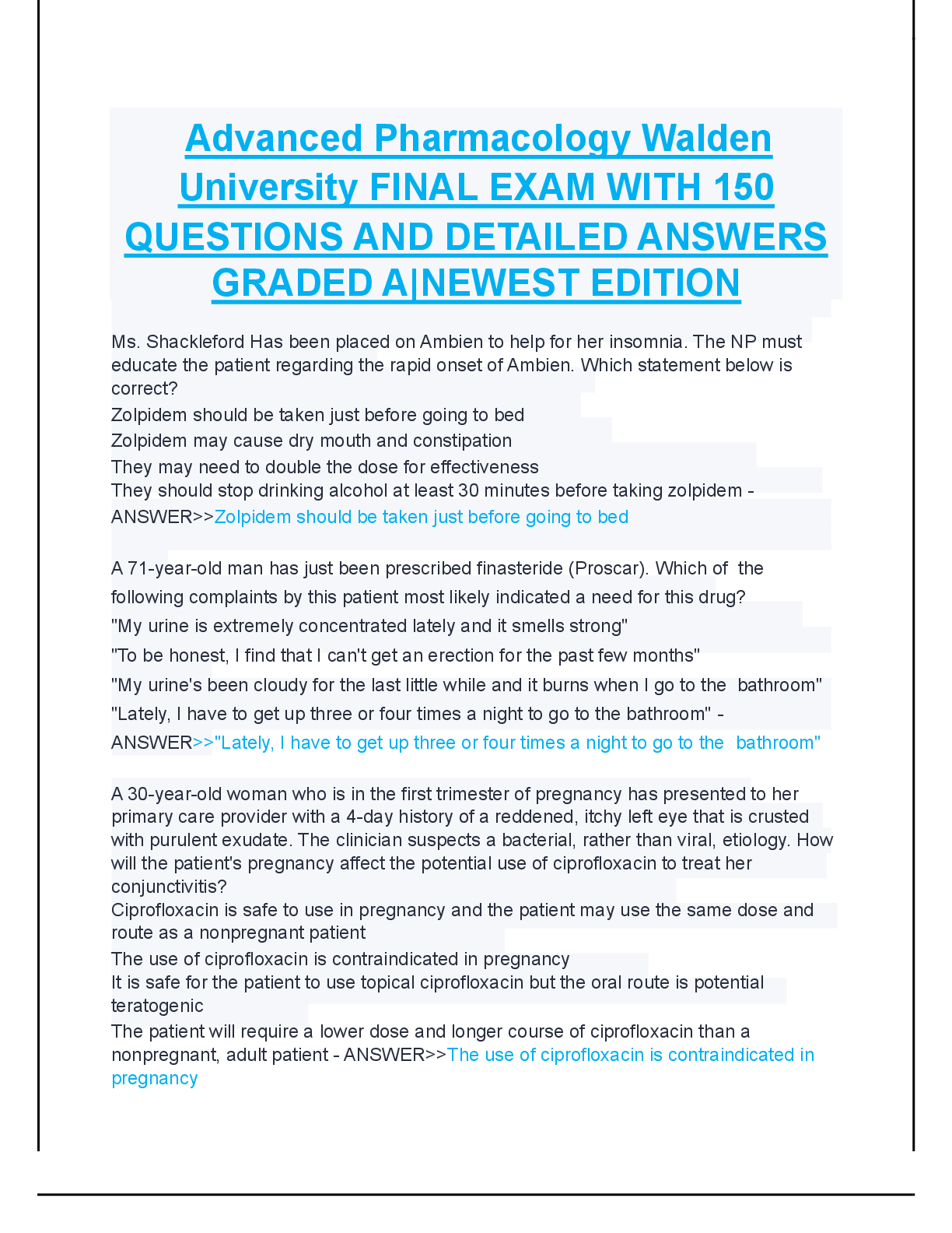 Recommended document preview for Advanced Pharmacology Walden University FINAL EXAM WITH 150 QUESTIONS AND DETAILED ANSWERS GRADED A|NEWEST EDITION
