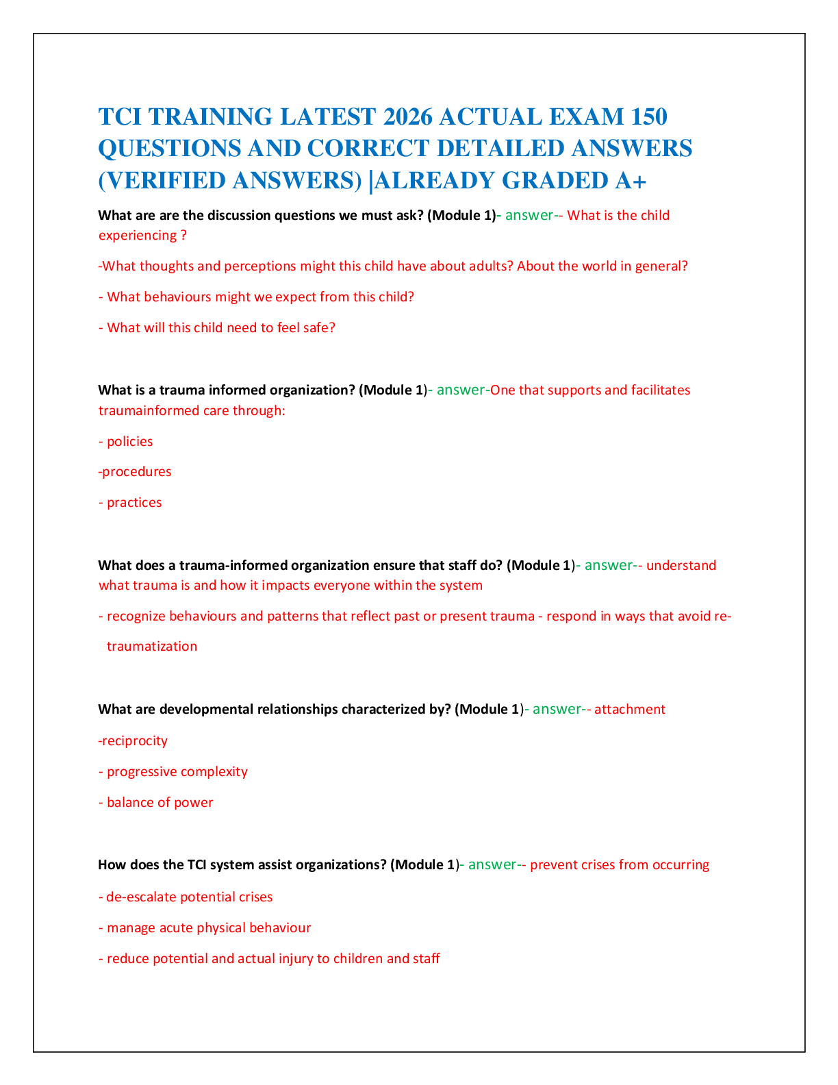 TCI TRAINING LATEST 2026 ACTUAL EXAM 150   QUESTIONS AND CORRECT DETAILED ANSWERS   (VERIFIED ANSWERS) |ALREADY GRADED A+