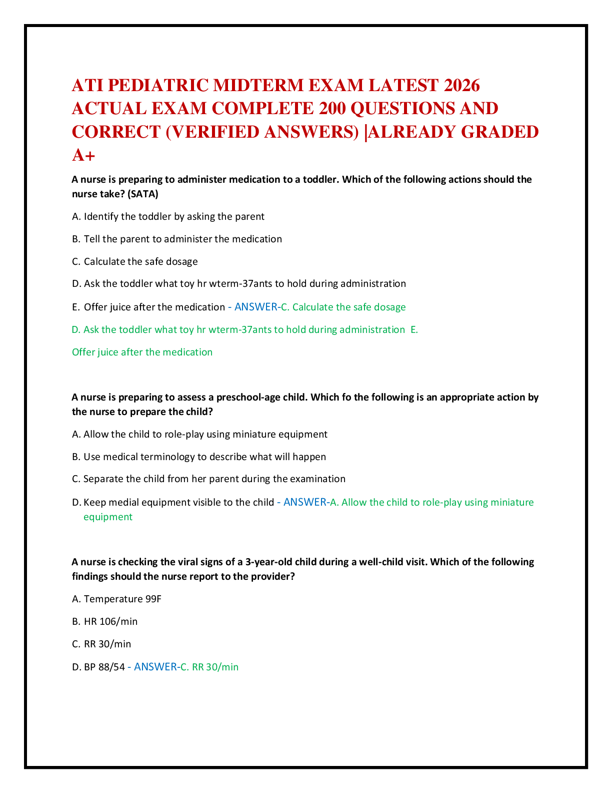 ATI PEDIATRIC MIDTERM EXAM LATEST 2026   ACTUAL EXAM COMPLETE 200 QUESTIONS AND   CORRECT (VERIFIED ANSWERS) |ALREADY GRADED  A+