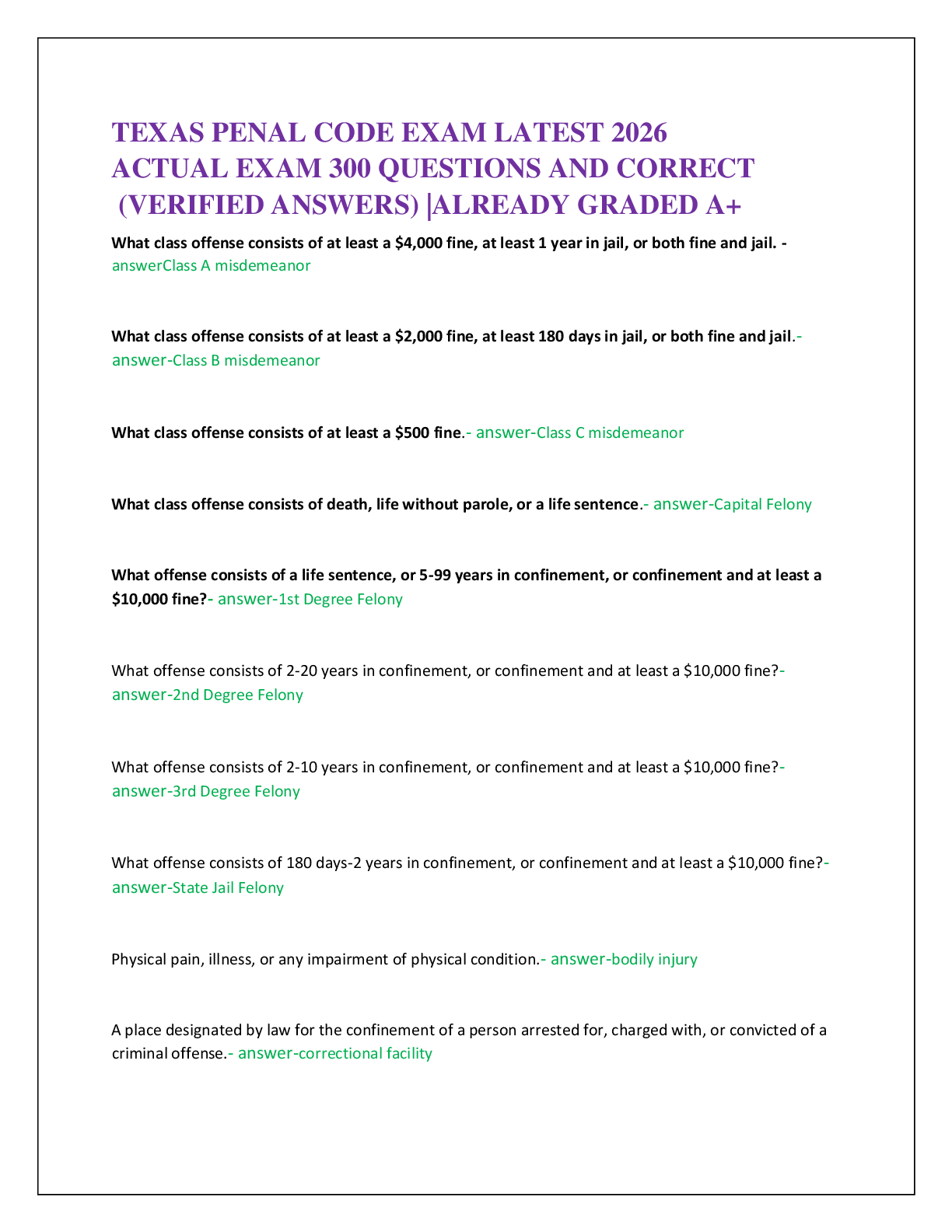 Recommended document preview for TEXAS PENAL CODE EXAM LATEST 2026   ACTUAL EXAM 300 QUESTIONS AND CORRECT   (VERIFIED ANSWERS) |ALREADY GRADED A+