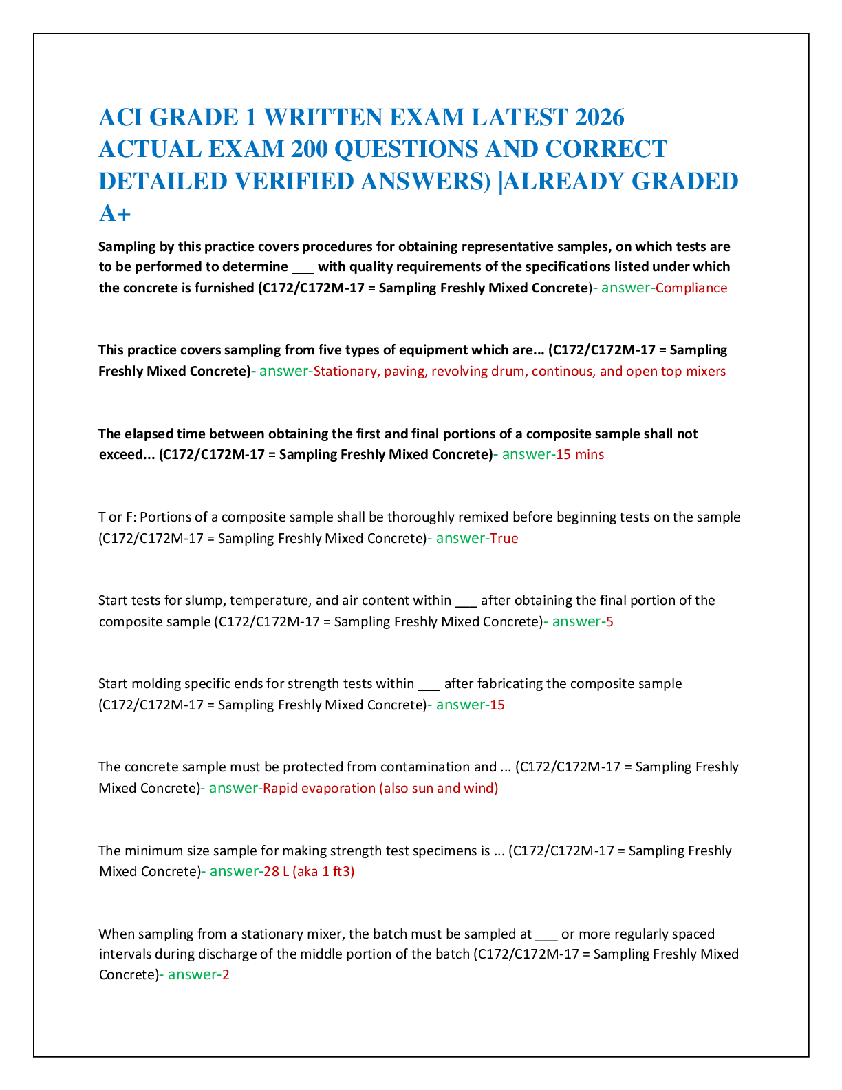 Preview of ACI GRADE 1 WRITTEN EXAM LATEST 2026   ACTUAL EXAM 200 QUESTIONS AND CORRECT   DETAILED VERIFIED ANSWERS) |ALREADY GRADED  A+