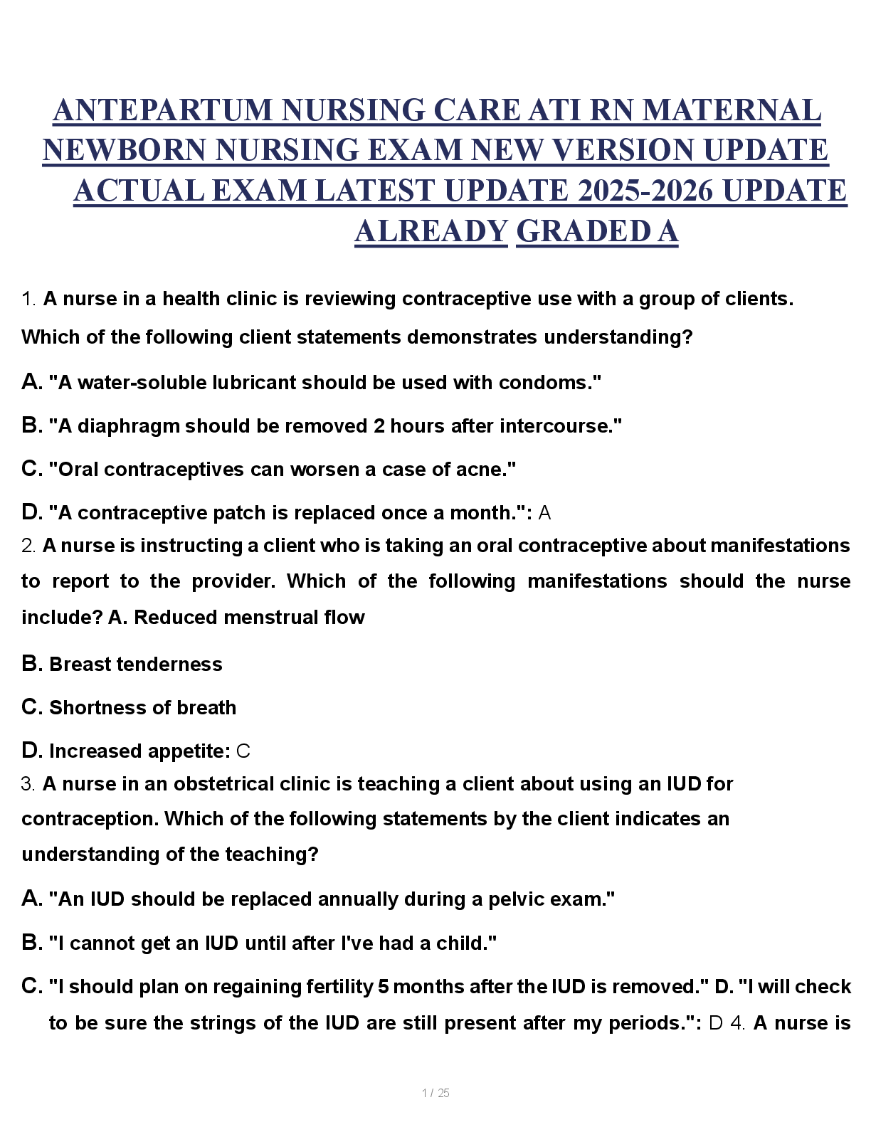 Recommended document preview for ANTEPARTUM NURSING CARE ATI RN MATERNAL NEWBORN NURSING EXAM NEW VERSION UPDATE ACTUAL EXAM LATEST UPDATE 2025-2026 UPDATE ALREADY GRADED A