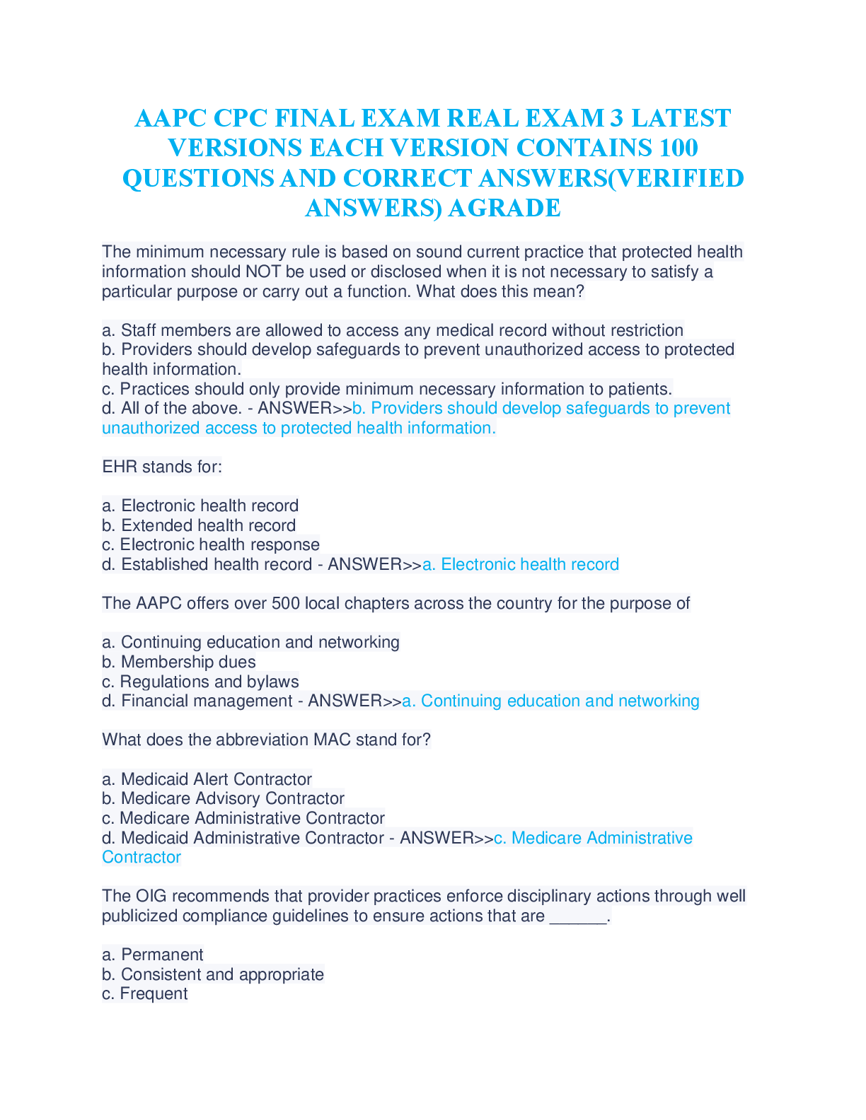 Preview of AAPC CPC FINAL EXAM REAL EXAM 3 LATEST VERSIONS EACH VERSION CONTAINS 100 QUESTIONS AND CO