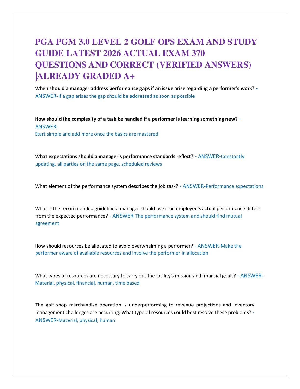 PGA PGM 3.0 LEVEL 2 GOLF OPS EXAM AND STUDY   GUIDE LATEST 2026 ACTUAL EXAM 370   QUESTIONS AND CORRECT (VERIFIED ANSWERS)  |ALREADY GRADED A+