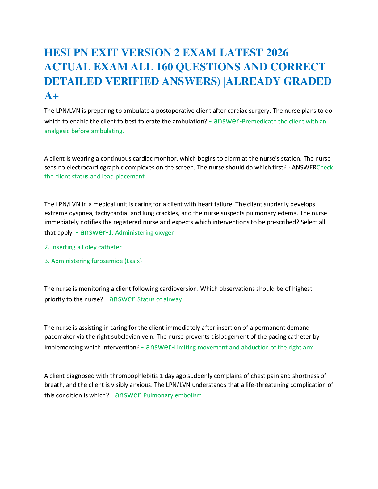 HESI PN EXIT VERSION 2 EXAM LATEST 2026   ACTUAL EXAM ALL 160 QUESTIONS AND CORRECT   DETAILED VERIFIED ANSWERS) |ALREADY GRADED  A+