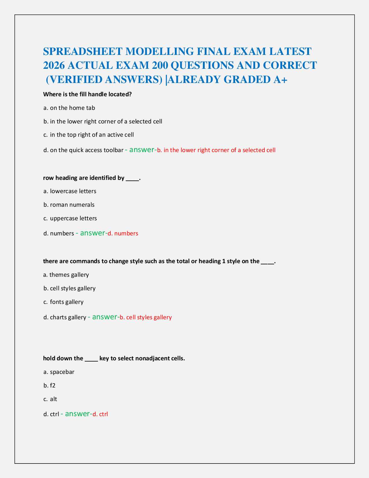 SPREADSHEET MODELLING FINAL EXAM LATEST   2026 ACTUAL EXAM 200 QUESTIONS AND CORRECT    (VERIFIED ANSWERS) |ALREADY GRADED A+