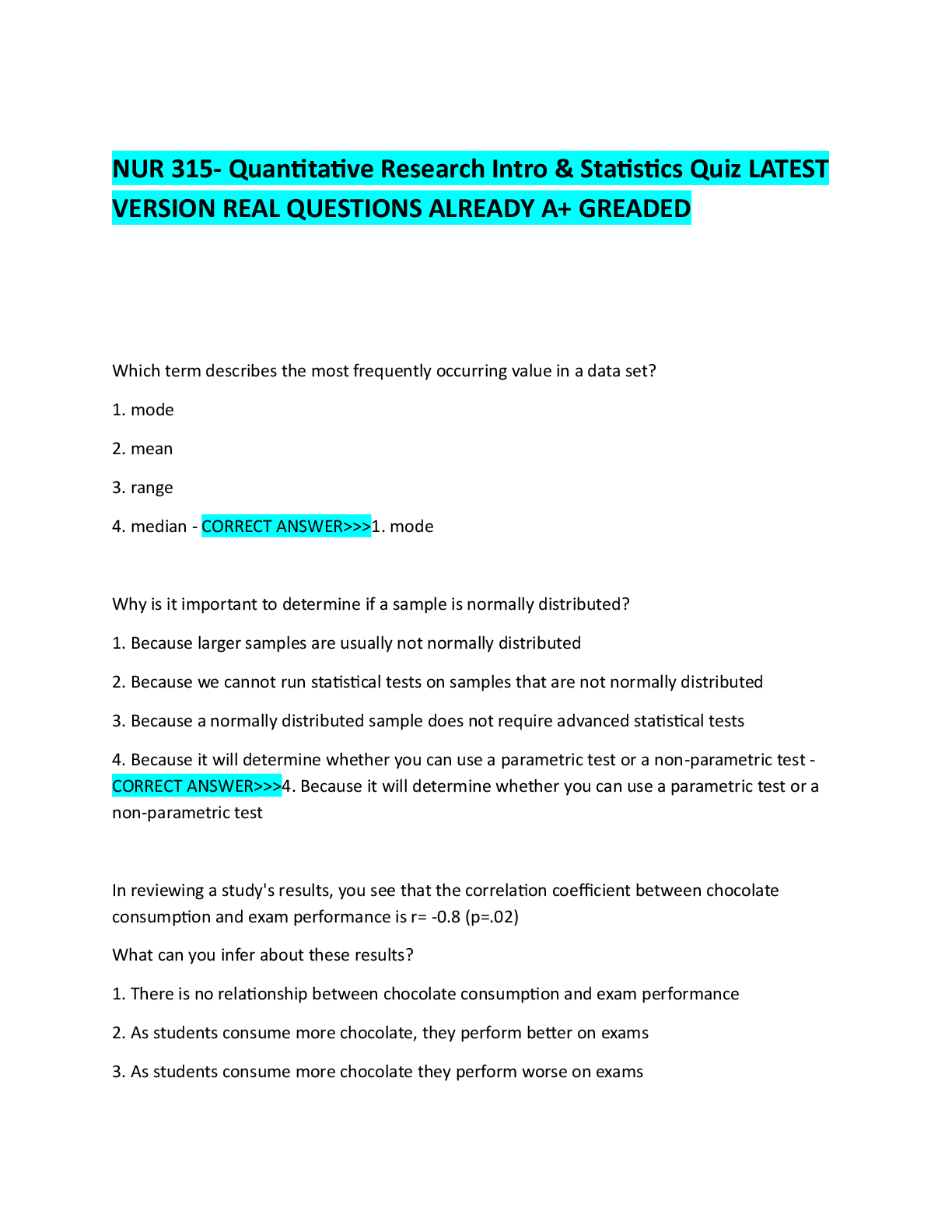 Recommended document preview for NUR 315- Quantitative Research Intro & Statistics Quiz LATEST VERSION REAL QUESTIONS ALREADY A+ GREADED