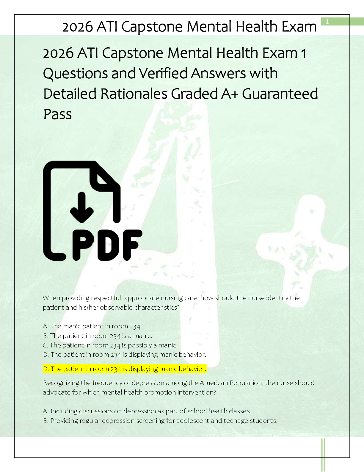 2026 ATI Capstone Mental Health Exam 1  Questions and Verified Answers with  Detailed Rationales Graded A+ Guaranteed  Pass