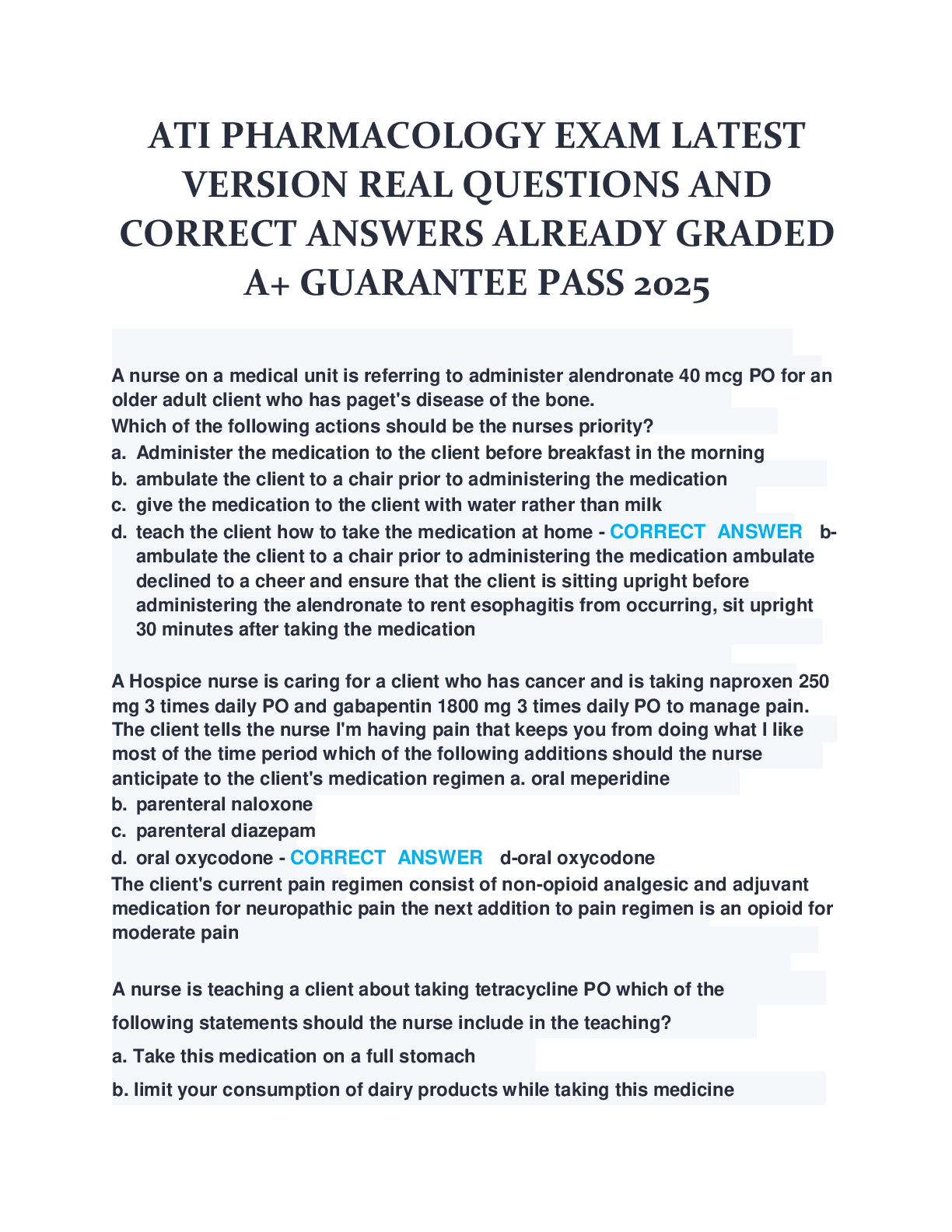 Recommended document preview for ATI PHARMACOLOGY EXAM LATEST  VERSION REAL QUESTIONS AND  CORRECT ANSWERS ALREADY GRADED  A+ GUARANTEE PASS 2025