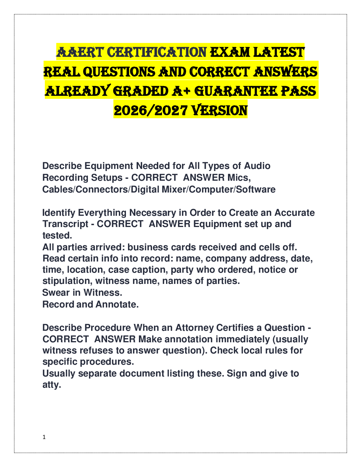Recommended document preview for AAERT CERTIFICATION EXAM LATEST REAL QUESTIONS AND CORRECT ANSWERS ALREADY GRADED A+ GUARANTEE PASS 2026/2027 VERSION