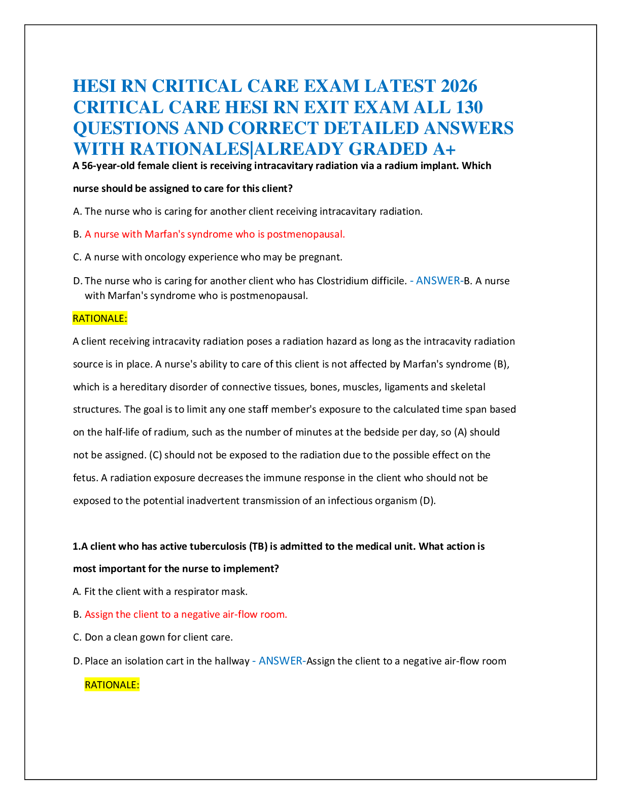 Recommended document preview for HESI RN CRITICAL CARE EXAM LATEST 2026  CRITICAL CARE HESI RN EXIT EXAM ALL 130  QUESTIONS AND CORRECT DETAILED ANSWERS  WITH RATIONALES|ALREADY GRADED A+