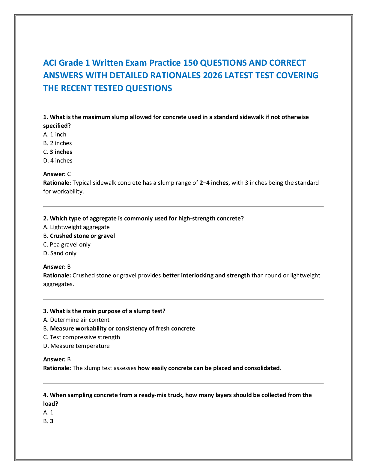 ACI Grade 1 Written Exam Practice 150 QUESTIONS AND CORRECT  ANSWERS WITH DETAILED RATIONALES 2026 LATEST TEST COVERING  THE RECENT TESTED QUESTIONS