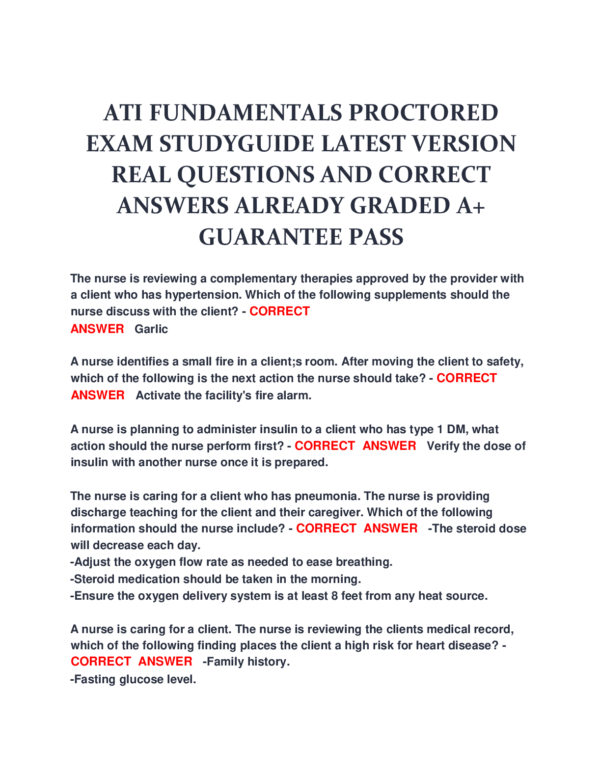 Recommended document preview for ATI FUNDAMENTALS PROCTORED EXAM STUDYGUIDE LATEST VERSION REAL QUESTIONS AND CORRECT ANSWERS ALREADY GRADED A+ GUARANTEE PASS The