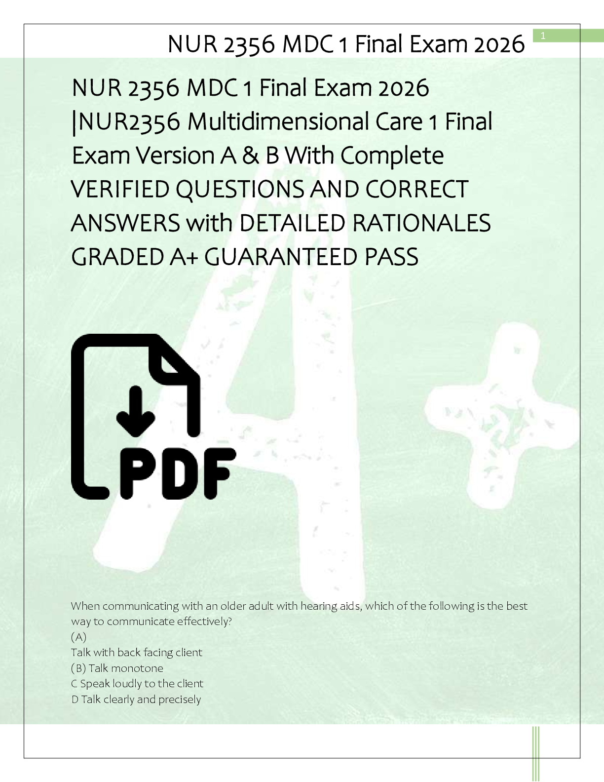Preview of NUR 2356 MDC 1 Final Exam 2026  |NUR2356 Multidimensional Care 1 Final  Exam Version A & B