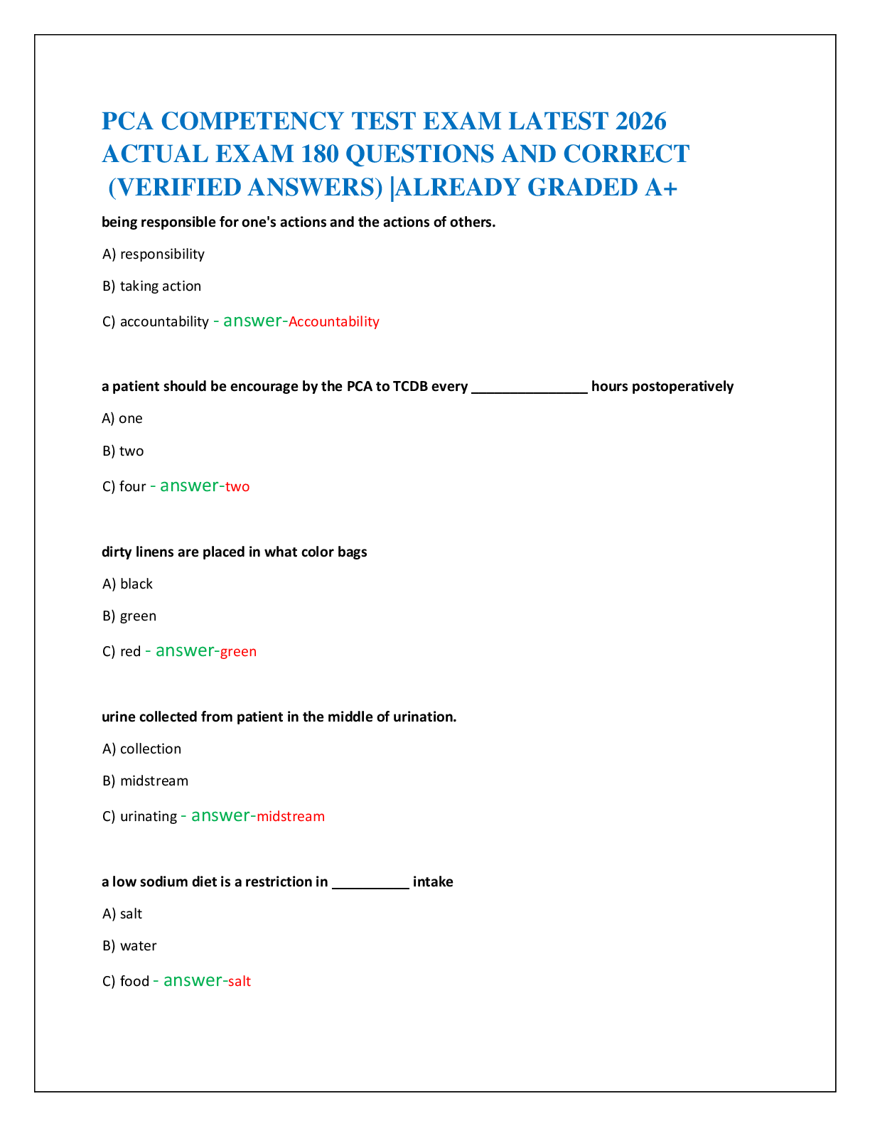 Preview of PCA COMPETENCY TEST EXAM LATEST 2026   ACTUAL EXAM 180 QUESTIONS AND CORRECT   (VERIFIED ANSWERS) |ALREADY GRADED A+