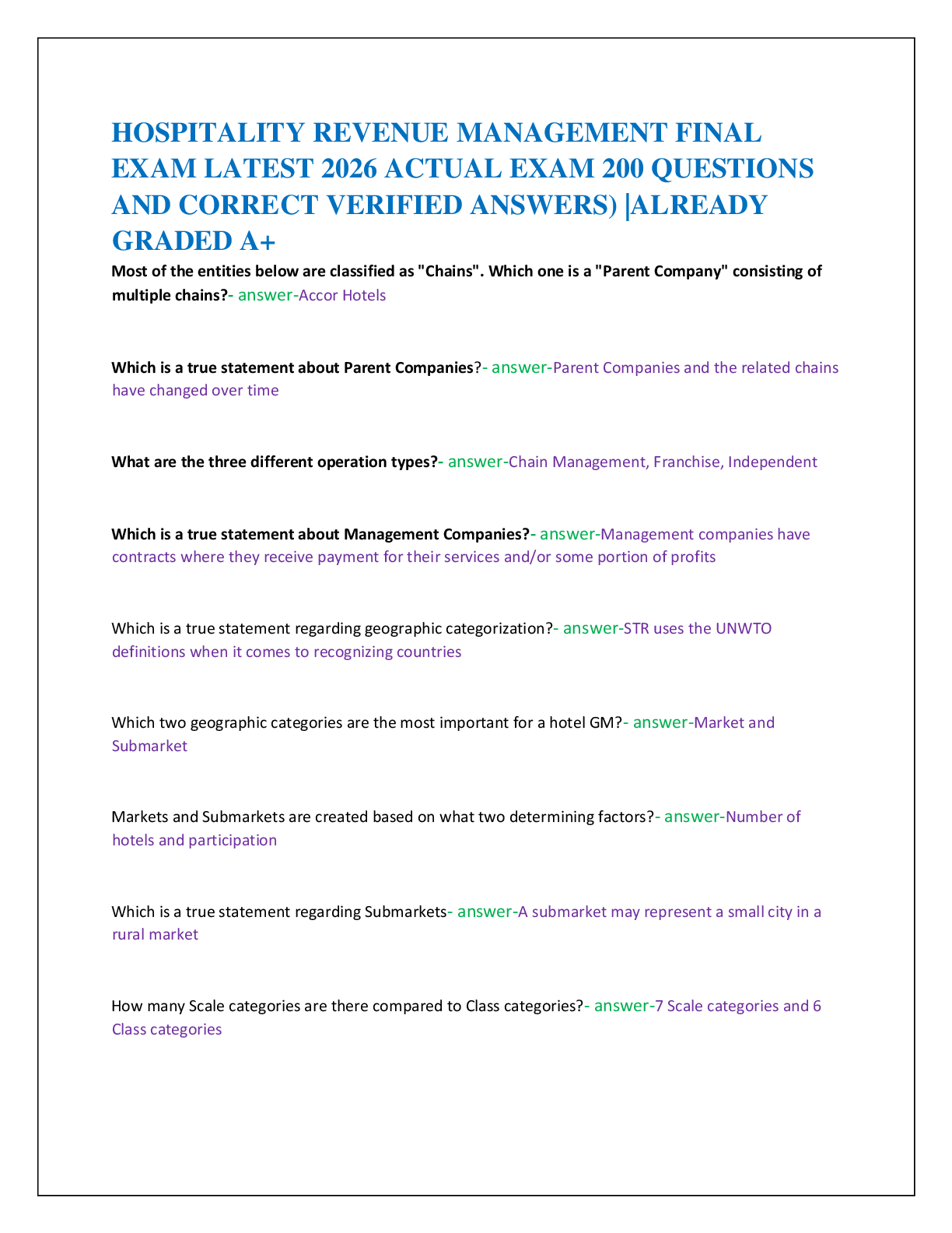Preview of HOSPITALITY REVENUE MANAGEMENT FINAL   EXAM LATEST 2026 ACTUAL EXAM 200 QUESTIONS   AND CORRECT VERIFIED ANSWERS) |ALREADY  GRADED A+