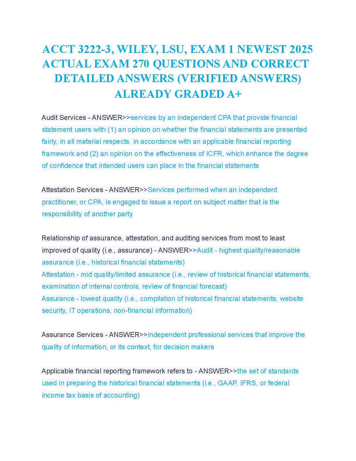 Recommended document preview for ACCT 3222-3, WILEY, LSU, EXAM 1 NEWEST 2025 ACTUAL EXAM 270 QUESTIONS AND CORRECT DETAILED ANSWERS (VERIFIED ANSWERS) ALREADY GRADED A+
