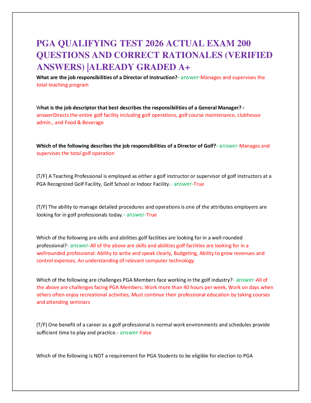 PGA QUALIFYING TEST 2026 ACTUAL EXAM 200   QUESTIONS AND CORRECT RATIONALES (VERIFIED  ANSWERS) |ALREADY GRADED A+