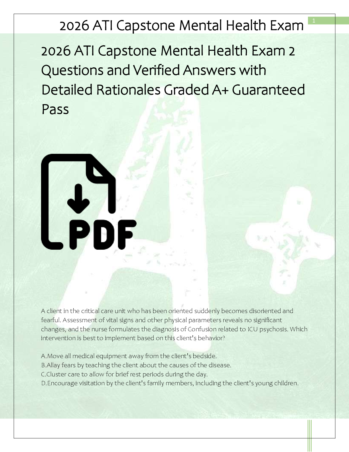 Preview of 2026 ATI Capstone Mental Health Exam 2  Questions and Verified Answers with  Detailed Rationales Graded A+ Guaranteed  Pass
